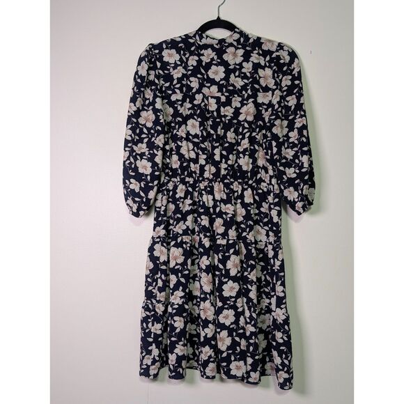 Monteau Floral Dress S Navy Cottagecore Romantic Tiered Mini - Picture 2 of 7
